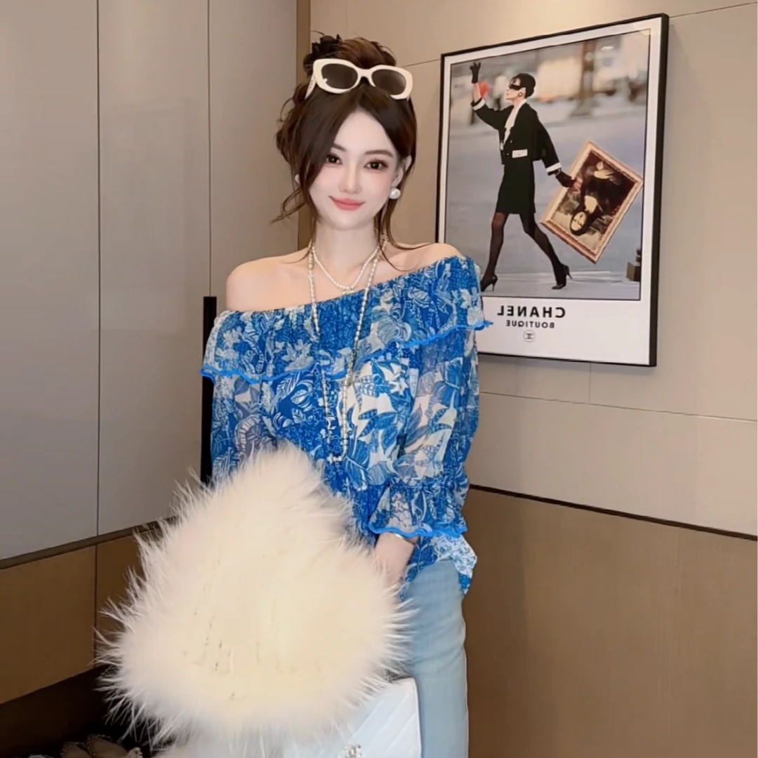 【丝芙玉禄】（F406）100%真丝双绉气质印花碎花一字肩桑蚕丝上衣衬衫