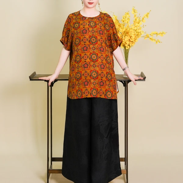 【瑞锦】2025年新款100%桑蚕丝花罗香云纱宝相花大码太太服