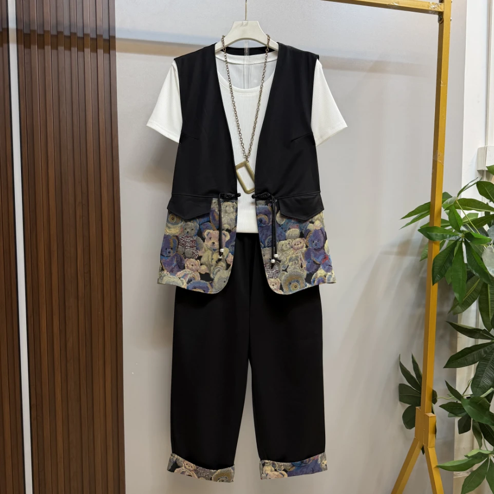 新款大码女装时尚洋气复古新中式马甲三件套套装