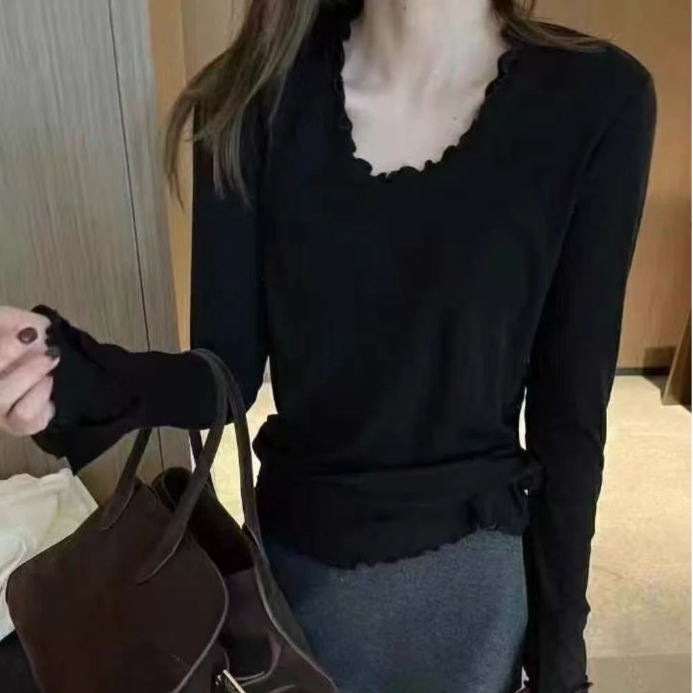 25010#花边领打底衫女春季新款亲肤弹力修身叠穿长袖上衣潮