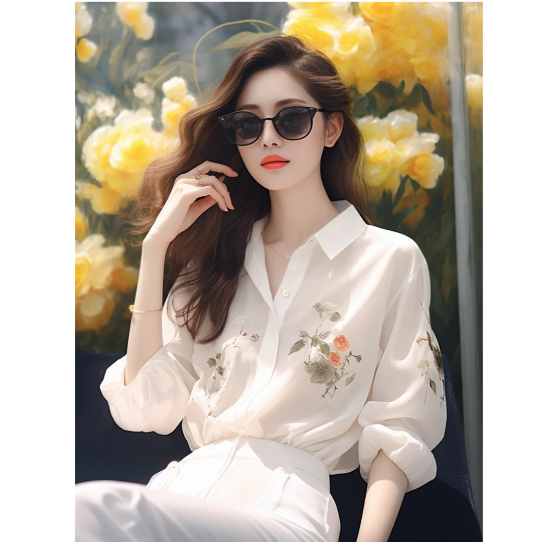 法式白色印花雪纺衬衫秋季新款女宽松气质长袖上衣别致漂亮防晒衫