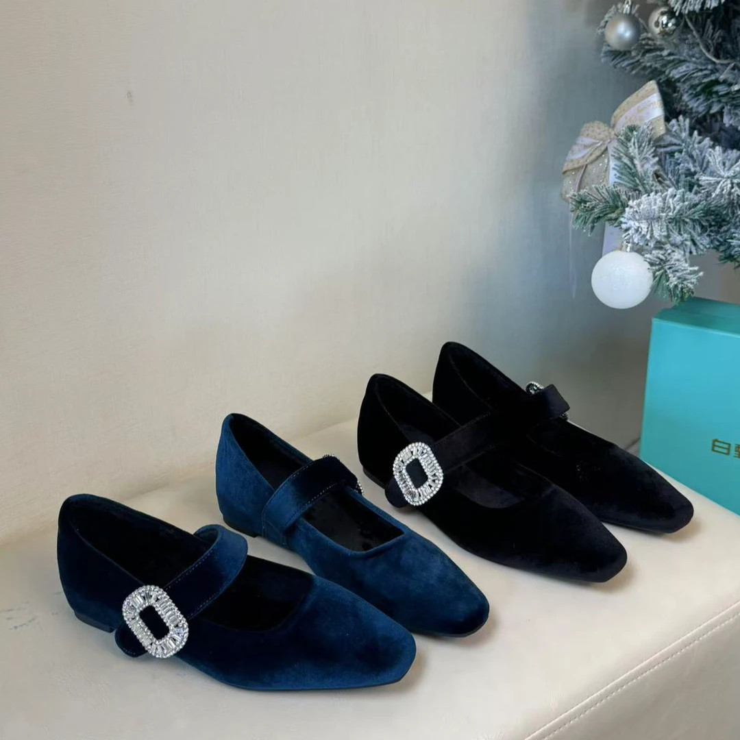 法式平底单鞋女新款小香风绒面方头水钻一字扣玛丽珍鞋G2658