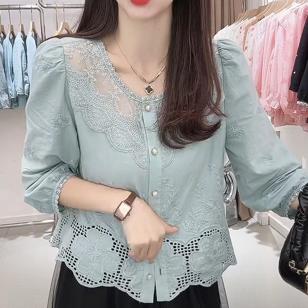 2025早秋新款七分袖田园风衬衫淑女穿搭宽松遮肉甜美百搭女上衣