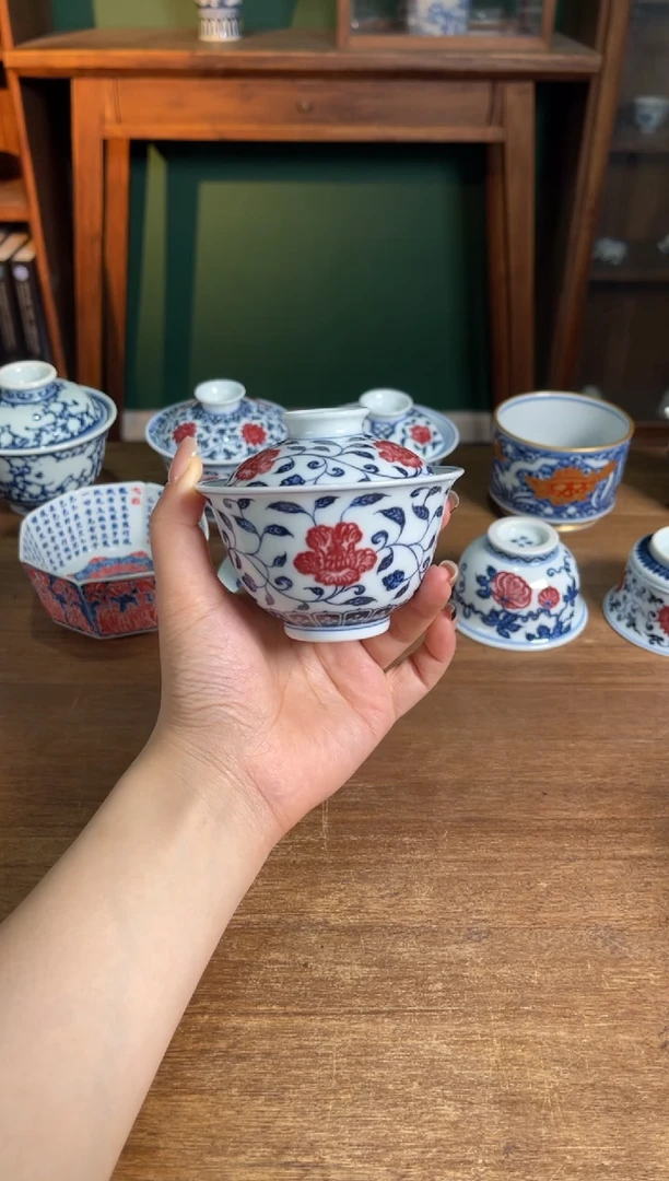 阳春白雪｜青花釉里红南瓜盖碗