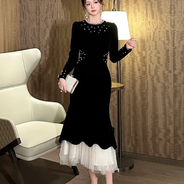 秋冬法式赫本风宴会优雅长裙气质轻奢名媛显瘦连衣裙时尚21630