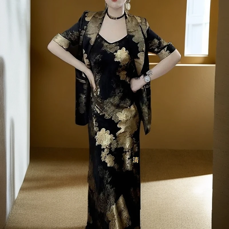 高级感时尚轻奢鎏金裙套装2025夏季新款洋气百搭西装上衣+吊带裙