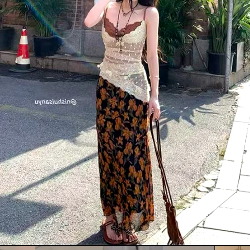 2025盛夏栀子夏季蕾丝波点拼接假两件碎花印花裙连衣裙