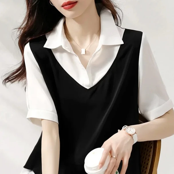 哥弟阿玛施正正品假两件衬衫女夏季新款遮肚显瘦洋气漂亮上衣女款