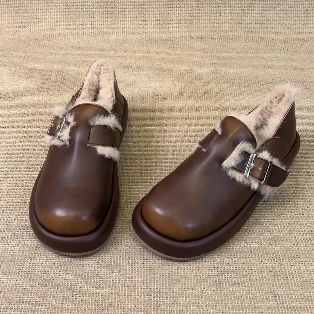 RubyL/4cm复古休闲通勤百搭皮带扣擦色圆头厚底加绒勃肯鞋女款