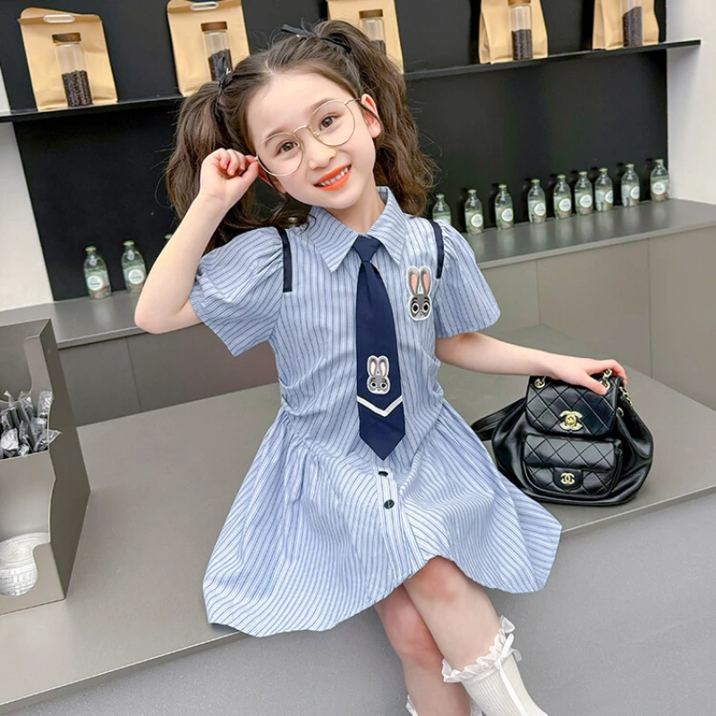 女童洋气中长款裙子夏季新款短袖公主裙女童3-6岁学院风条纹裙子