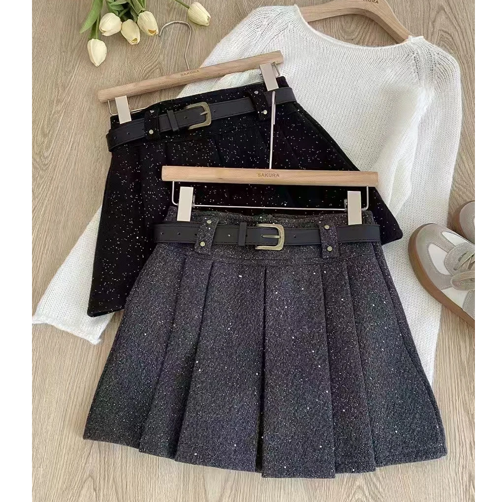 亮片毛呢高腰显瘦半身裙女冬款2024年韩版防走光a字百褶短裙6889