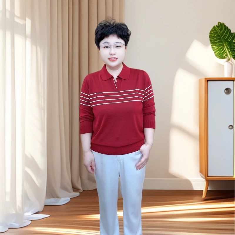 【高档条纹长袖】秋季女士针织长袖（25311）春秋时尚中年翻领妈妈装