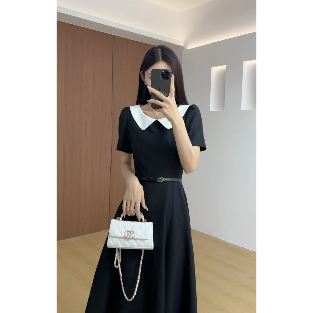 2025新款夏季简约高级拼色领收腰显瘦气质百搭连衣裙裙B0091