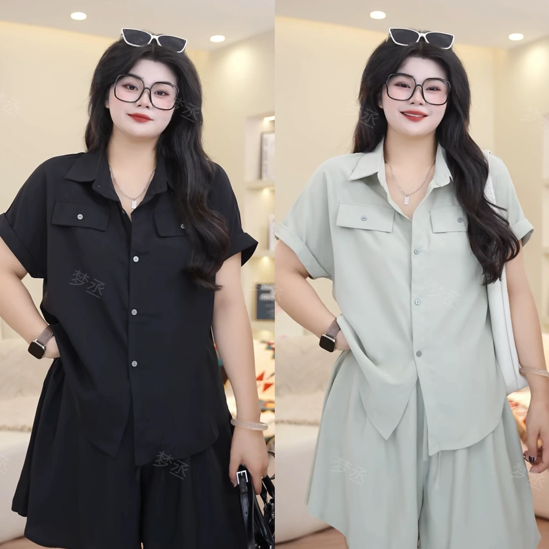 梦丞【午后香氛】大码女装夏季气质时尚宽松短袖上衣+休闲短裤套装