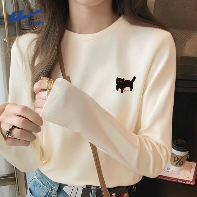 回力纯棉长袖t恤女2025新款春秋女士打底衫宽松显瘦全棉长袖上衣