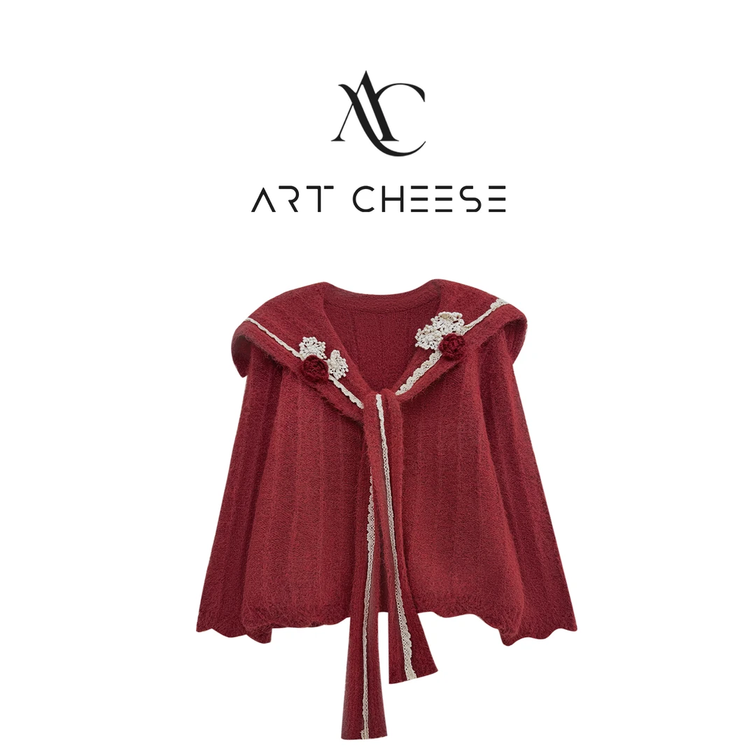 【芝士Cheese】心动电报 羊毛海军领花边系带拼接蕾丝针织长袖毛衣