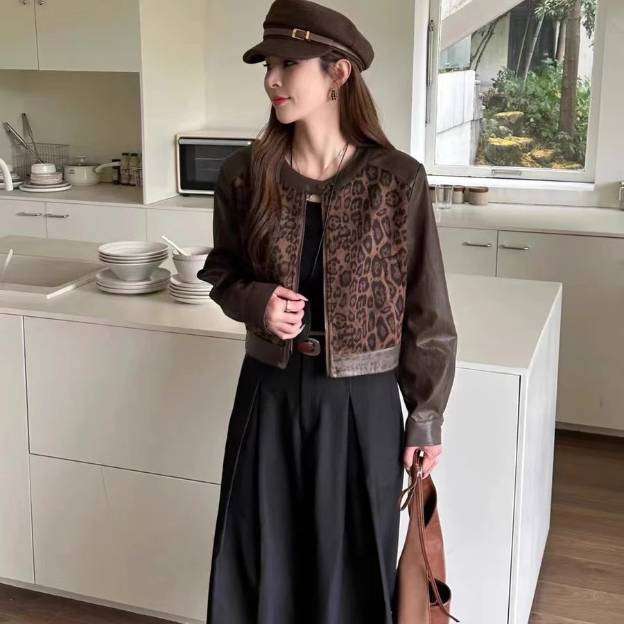 复古设计感豹纹外套女2025秋季新款气质百搭时尚拼接PU皮机车夹克