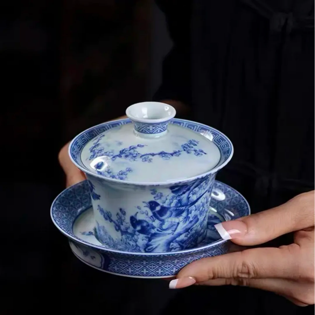 景德镇青花喜上眉梢马蹄三才盖碗