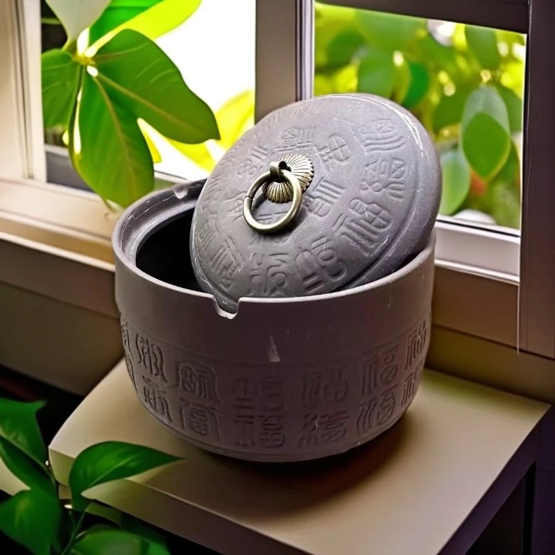 百福陶瓷大号复古紫砂烟灰缸1533手工手工高端带盖爆款纯手工