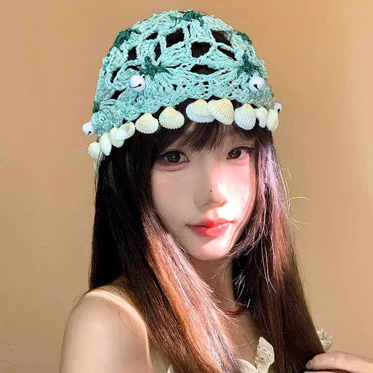 海边度假风贝壳流苏镂空手工钩花包头帽女夏秋甜美编织套头针织帽