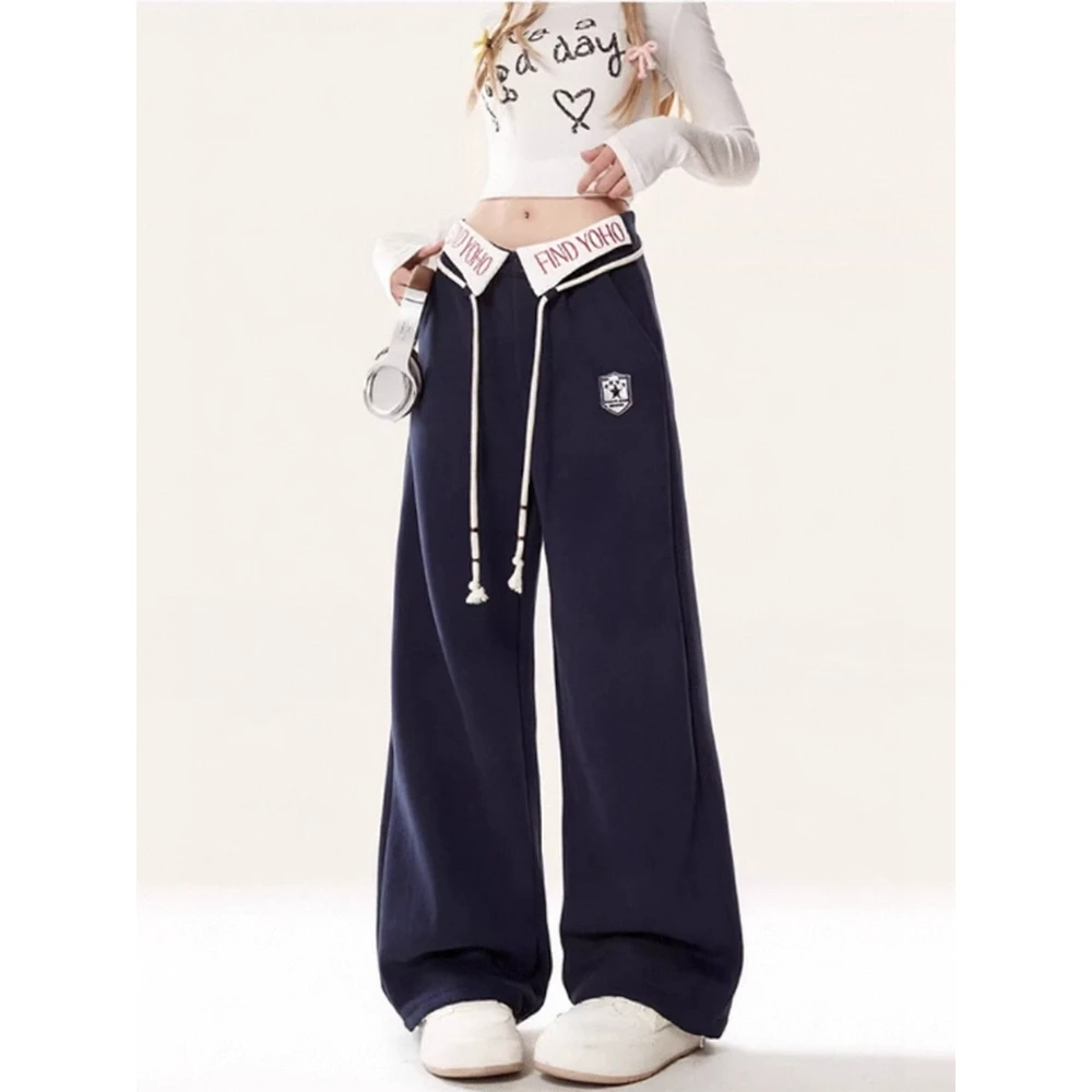 美式翻边腰头嘻哈运动卫裤女秋冬新款高腰宽松显瘦百搭阔腿休闲裤