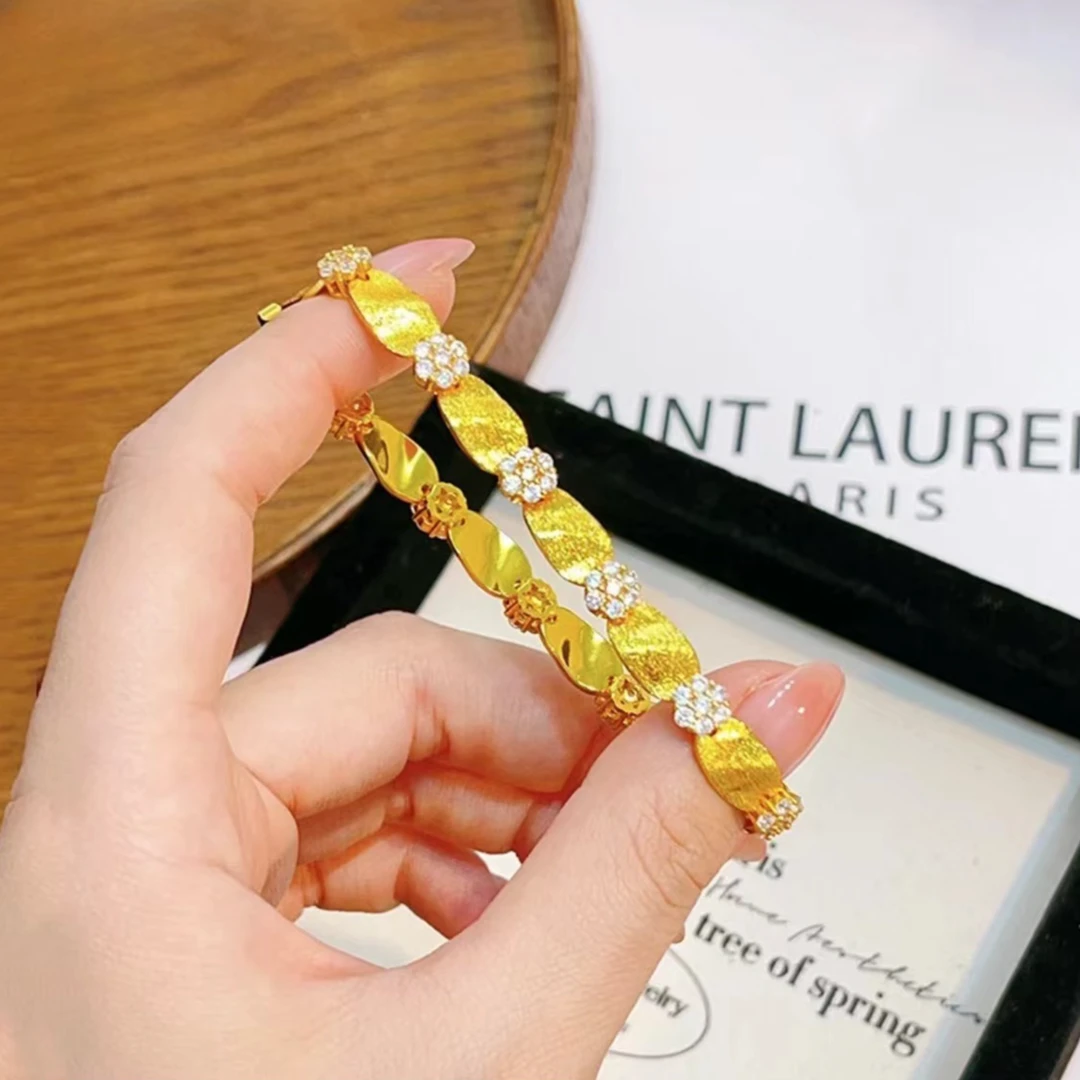 铜合金手链闪点钻拉丝花朵缎带手链金色水波纹蕾丝气质手串女款