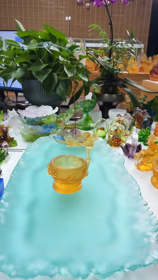 手工艺品琉璃琥珀色莲花烛台9公分