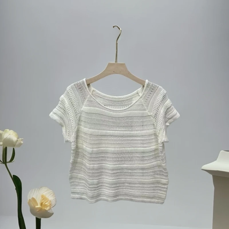 0850镂空圆领曲珠上衣女装气质显瘦纯色上衣