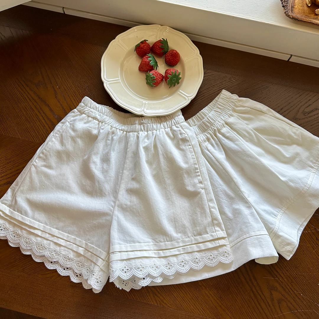 现货【白桦】3286女童时尚显白短裤夏季休闲纯色女宝蕾丝花边短裤