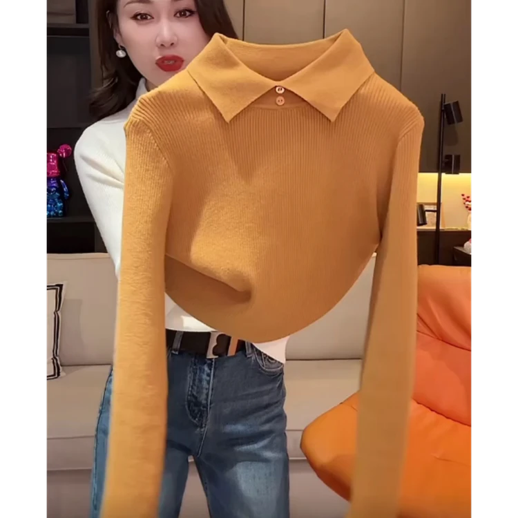 韩系两粒扣Polo领显瘦时尚设计感长袖针织衫女修身显瘦打底衫上衣