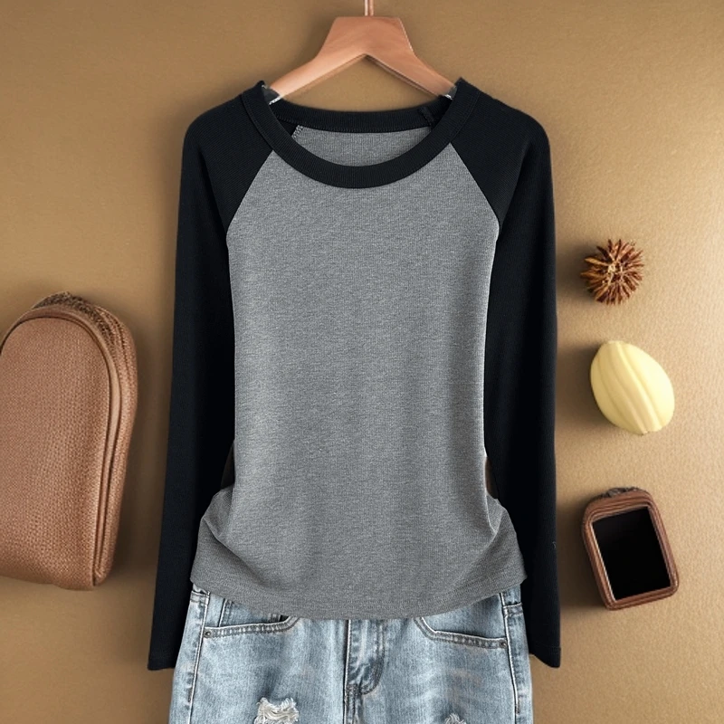 2025秋冬新款显瘦拼色长袖T恤女插肩袖圆领百搭上衣内搭打底衫