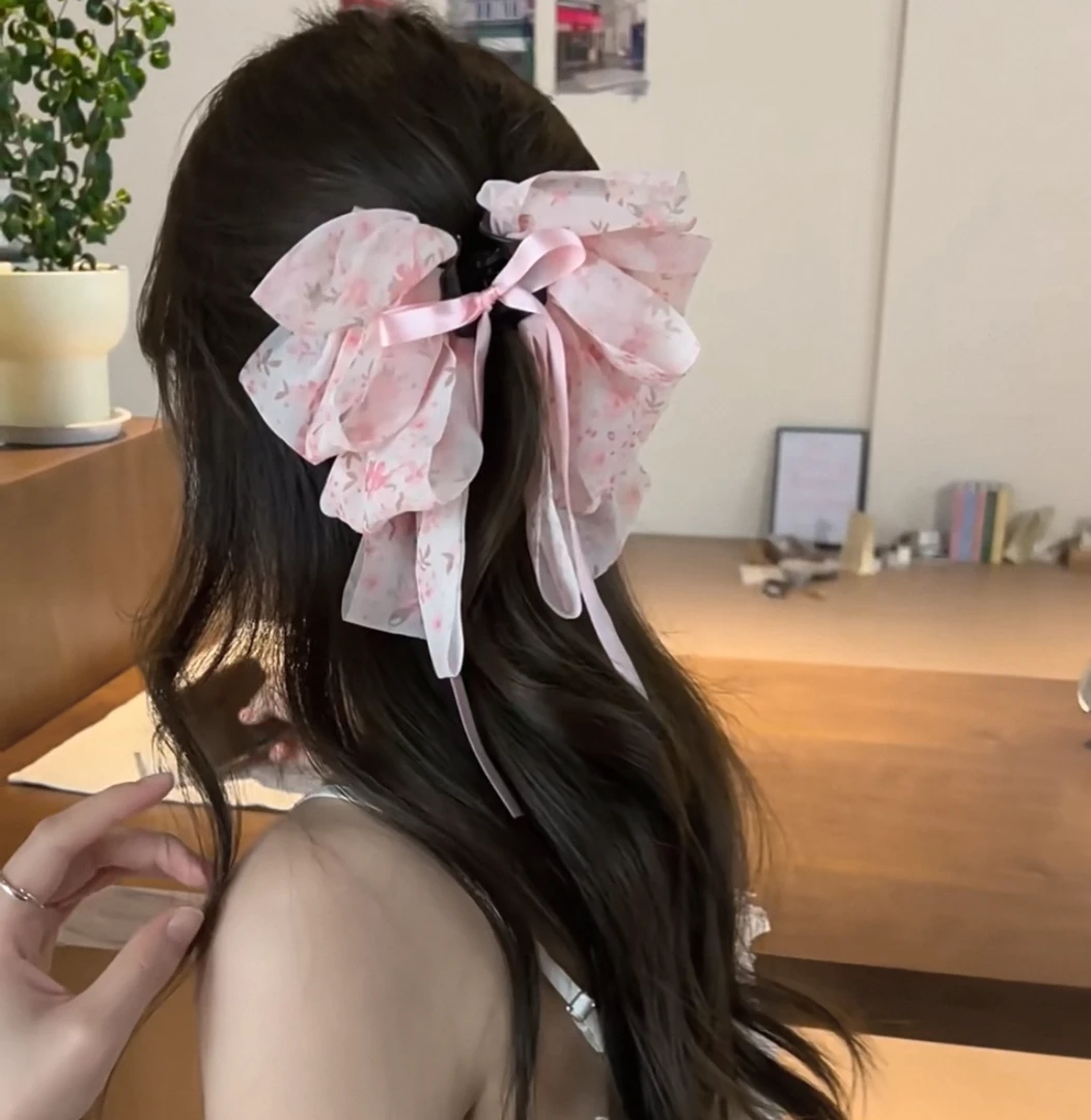 超仙碎花蝴蝶结飘带发夹优雅高级感后脑勺半盘发抓夹鲨鱼4422