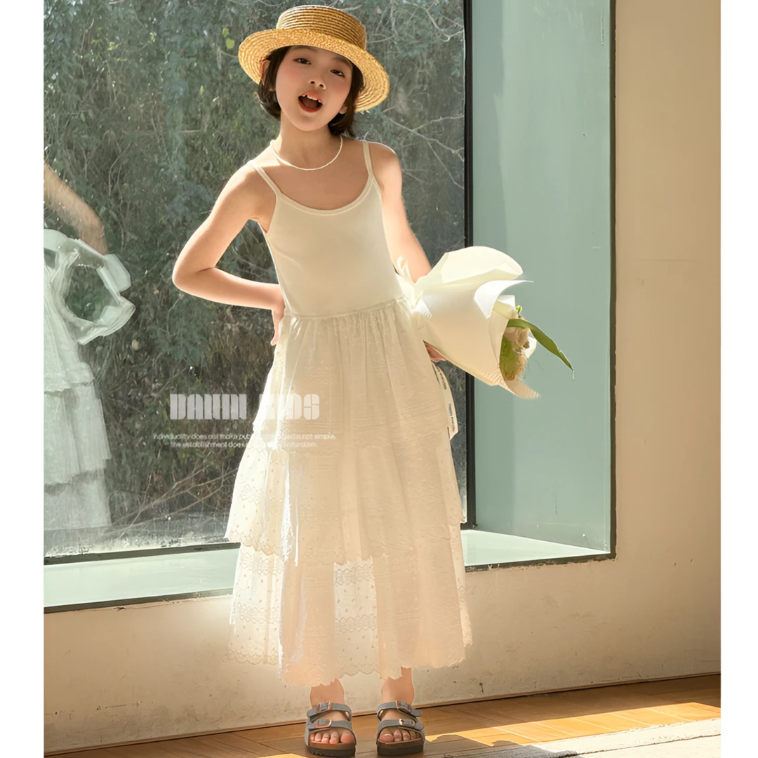 【嗒囜】女童25夏装新款甜美法式吊带连衣裙中大童裙子白色公主裙