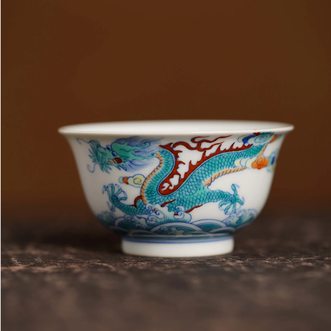 观山见物 青花斗彩 鱼化龙主人杯 薄胎 色彩丰富龙年大气必备