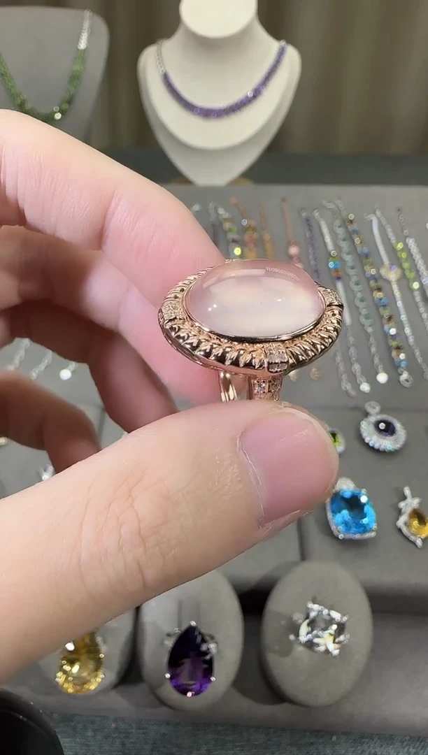 银S925镶嵌戒指芙蓉石13*18mm星光粉水晶戒指