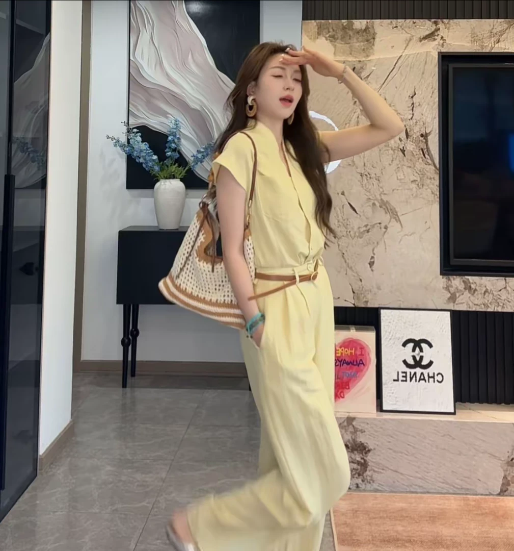 2025夏季新款法式复古百搭V领短袖上衣气质高腰显瘦阔腿裤两件套