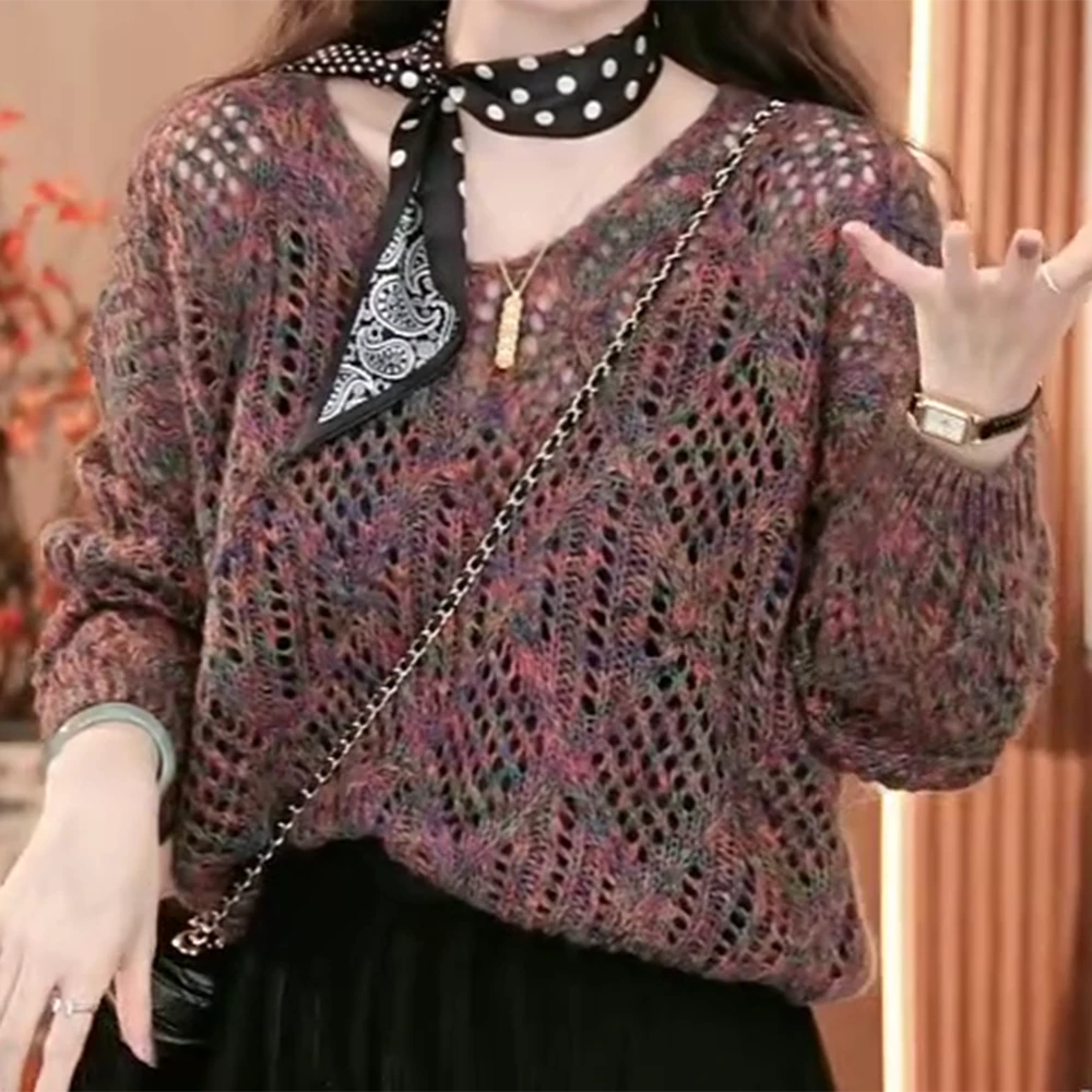2025春季新款韩系温柔减龄V领镂空时尚百搭显瘦针织上衣洋气长袖