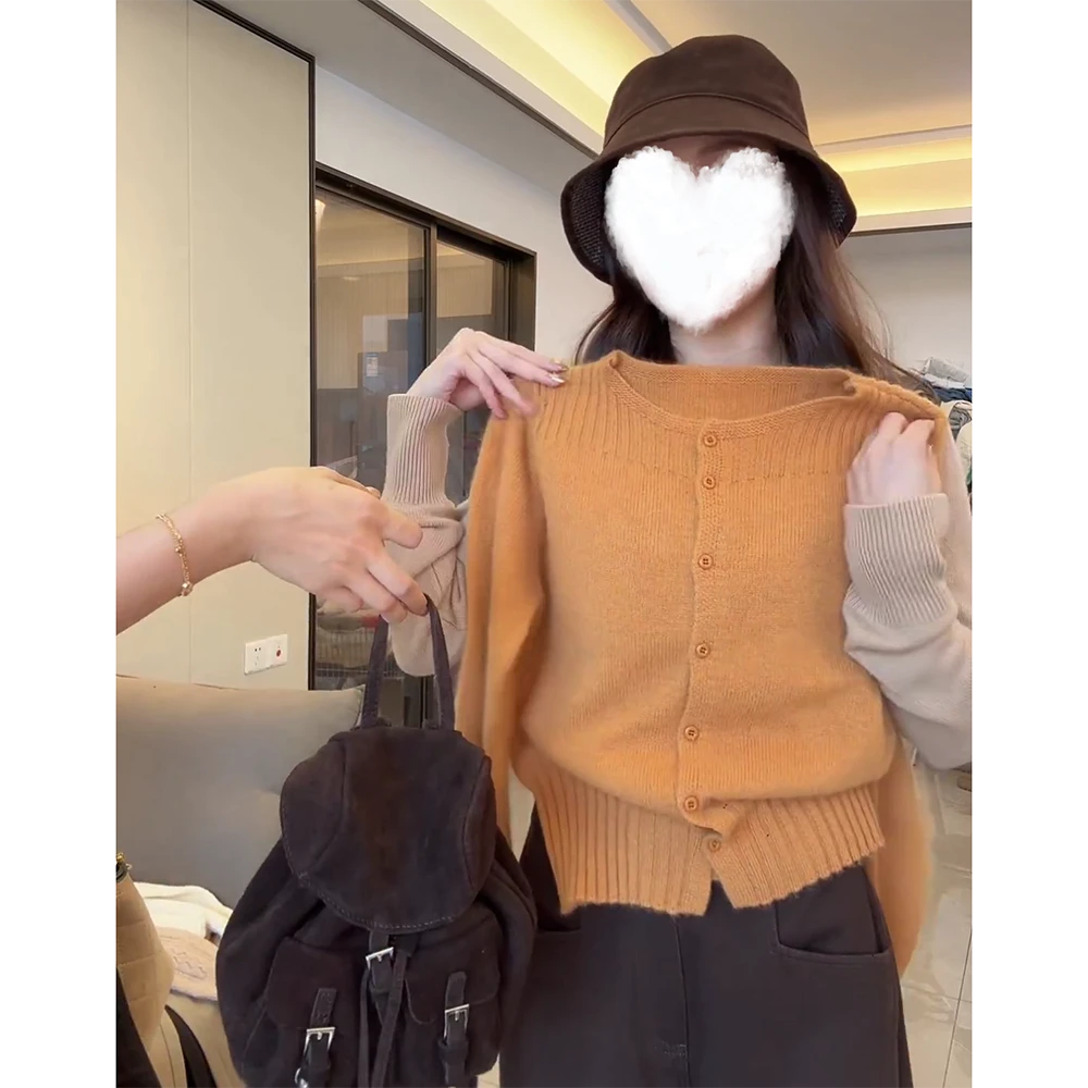 【落日环岛】秋季南瓜色韩系气质显瘦外套毛针织开衫圆领常规C6483