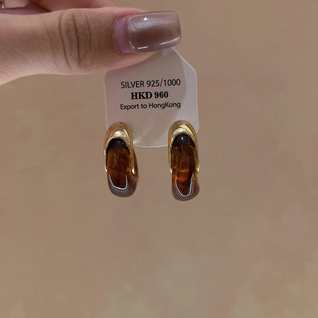 铜合金耳饰 美拉德琥珀色晕染C形耳钉复古气质高级感秋冬耳环耳饰