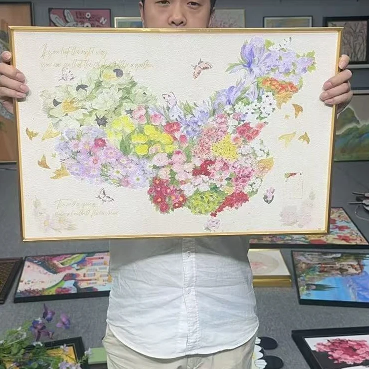 创意花卉中国地图墙画餐厅装饰画书房挂画客厅办公室挂画4060