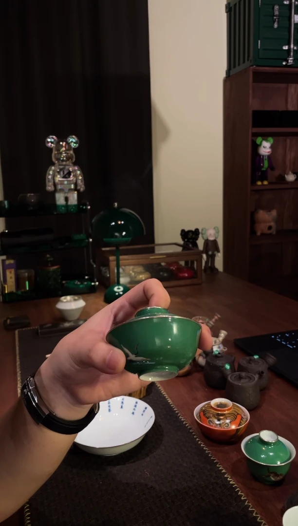 陈*蒙包银绿色飞鹤盖碗