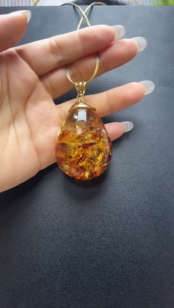 银S925镶嵌琥珀裸石花珀吊坠