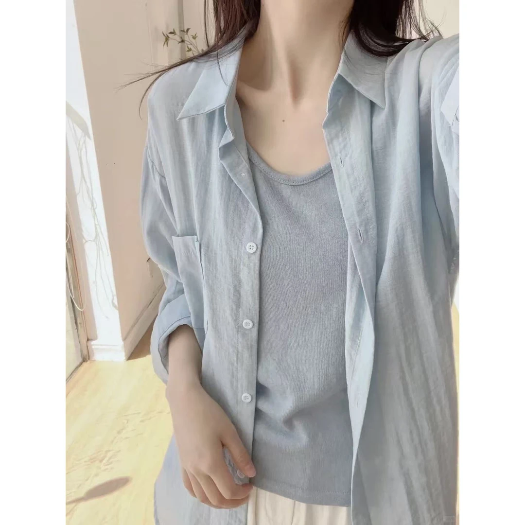 法式薄款防晒长袖衬衣夏季宽松显瘦衬衫+吊带-0037
