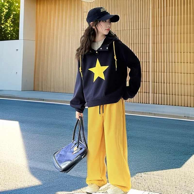 女童春秋套装2025新款时尚洋气女童拼色连帽卫衣直筒阔腿裤两件套