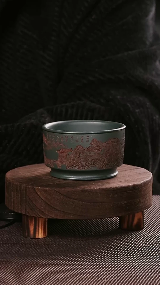 茶杯紫砂墨绿泥紫砂手工刻绘主人杯150CC