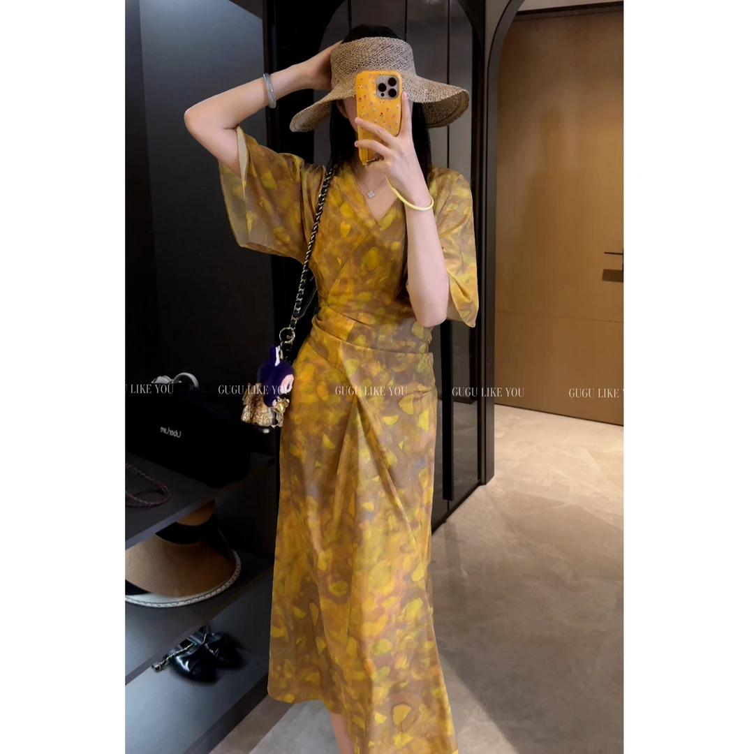 【古古】【金玉良缘】套头V领长裙夏季显瘦100%人丝绑带连衣裙 G25628