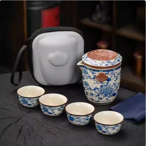 KK0524-汝窑缠枝莲一壶四杯旅行茶具