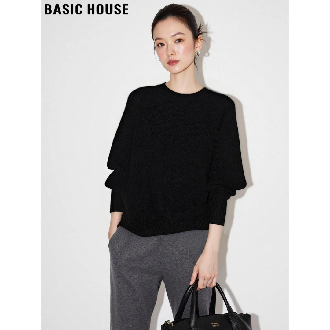 Basic House/百家好慵懒黑色保暖100%羊毛针织衫女秋冬打底衫毛衣