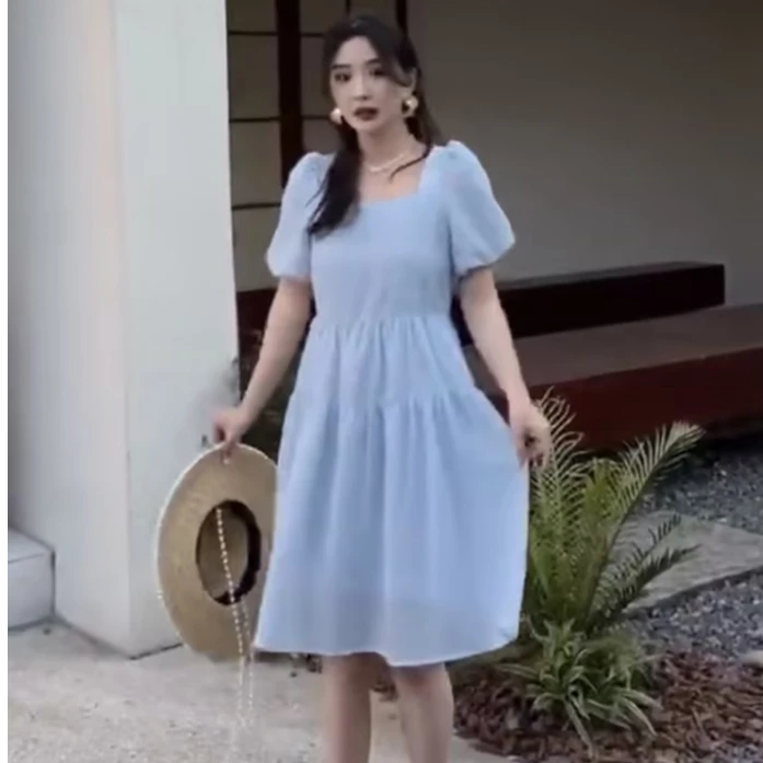 ML3201963连衣裙泡泡袖娃娃领韩版中长裙方领夏季气质法式裙子