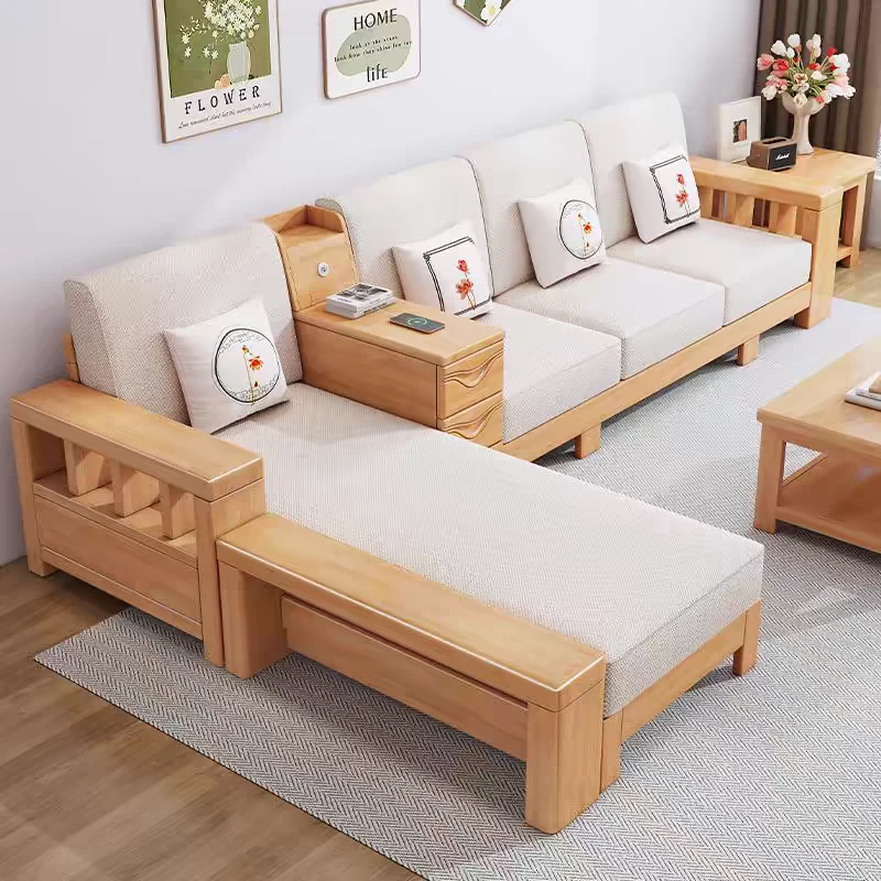 新款网红实用实木沙发组合现代客厅家具可带拉床小户型木艺沙发